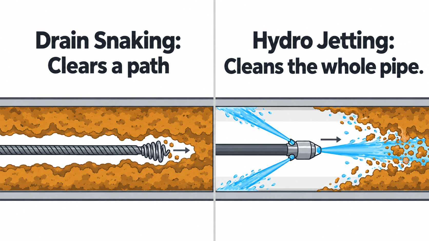 Cutaway diagram comparing drain snaking, which clears a narrow path through a clog, to hydro jetting, which cleans the full interior of the pipe