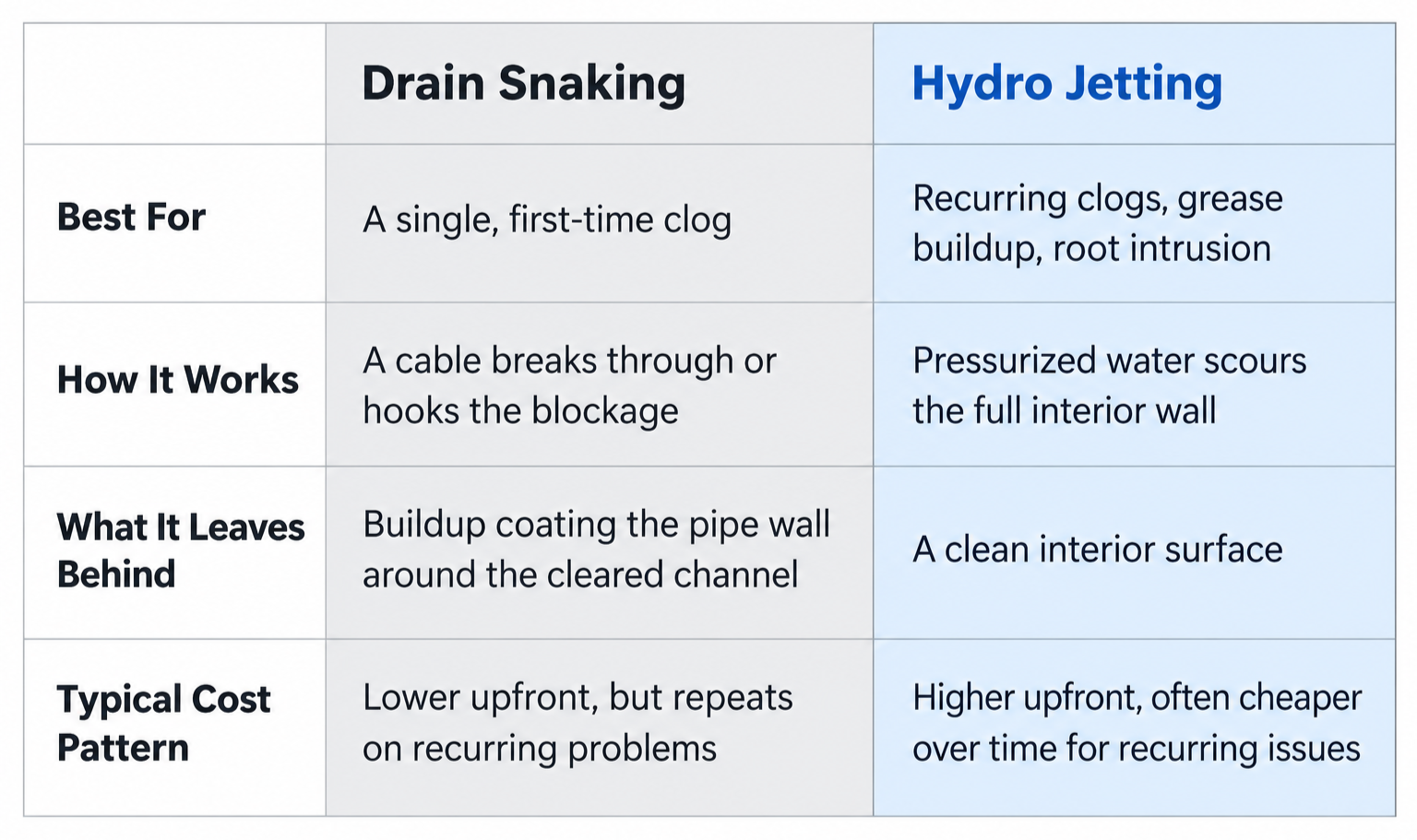 Comparison table of drain snaking versus hydro jetting across best use case, how each method works, what it leaves behind, and typical cost pattern over time