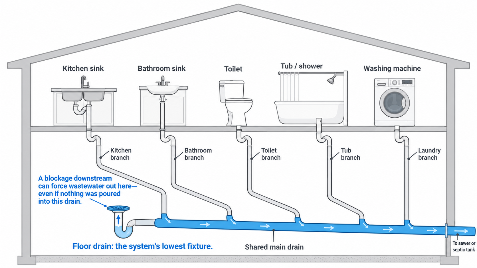 Diagram of a home’s plumbing system showing how fixtures connect to a shared main drain line, with the floor drain marked as the system’s lowest point